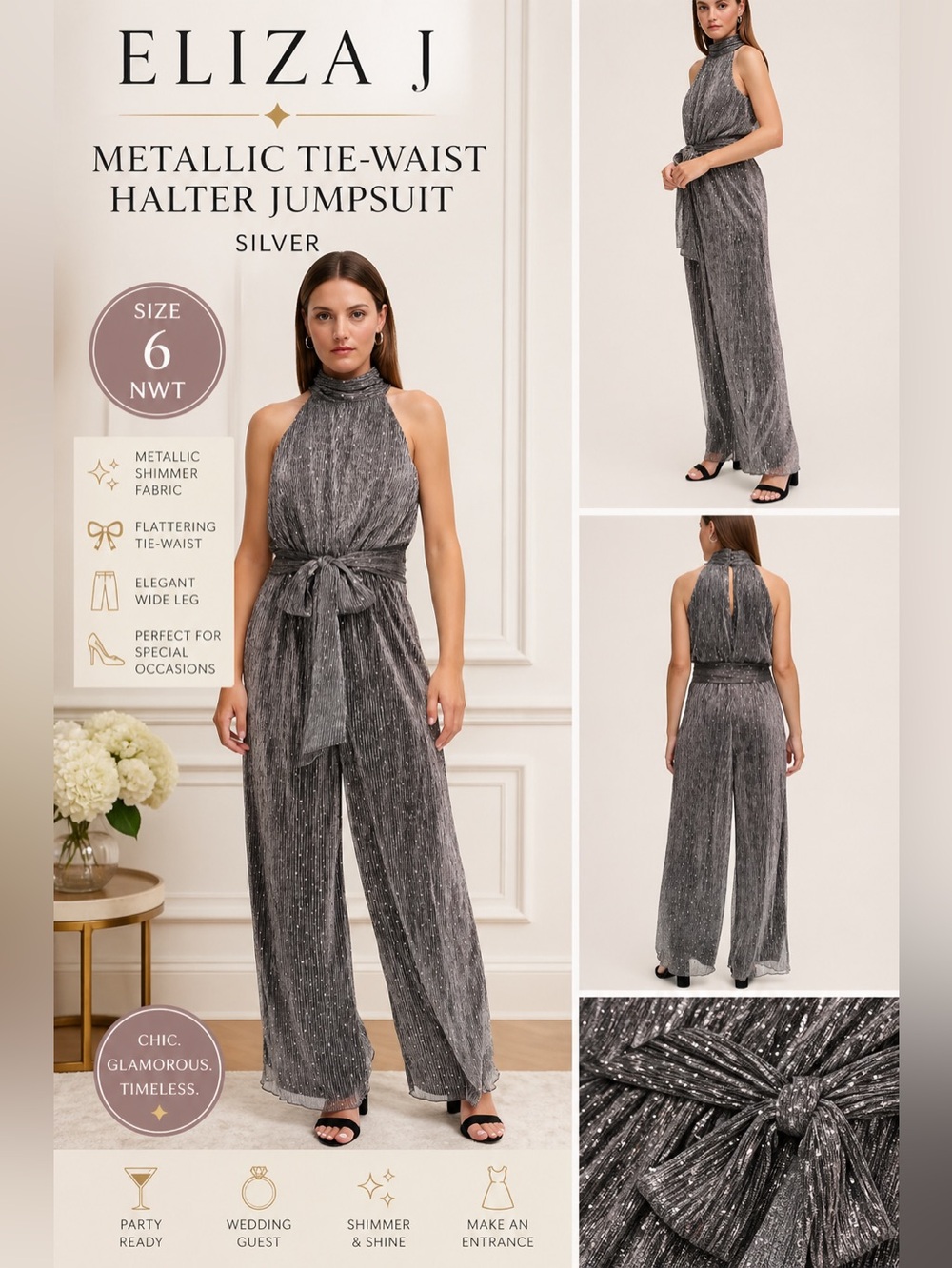 Eliza J Metallic Tie-Waist Halter Jumpsuit Silver Size 6 NWT Elegant Glamorous
